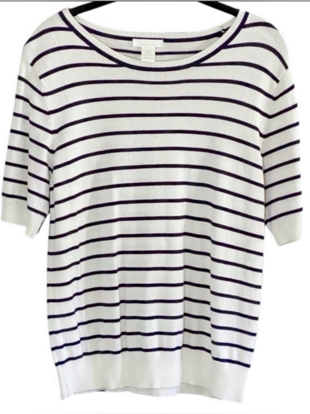 H&M Striped Fine Knit Top Cream Black Soft Stretch Coastal Preppy M Nautical - Picture 2 of 9